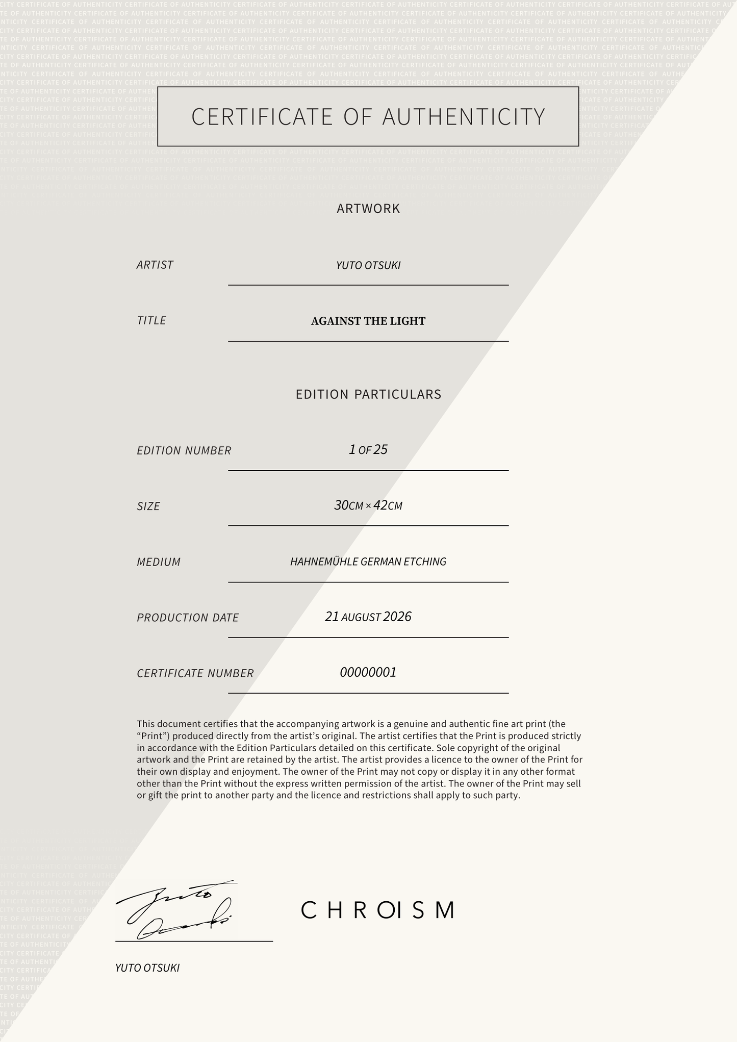 Against The Light — Certificate of Authenticity